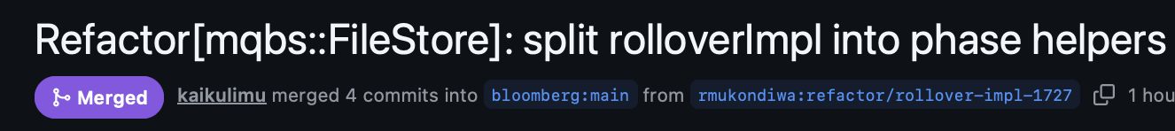 Merged pull request #1759 on bloomberg/blazingmq, showing the purple Merged badge and title